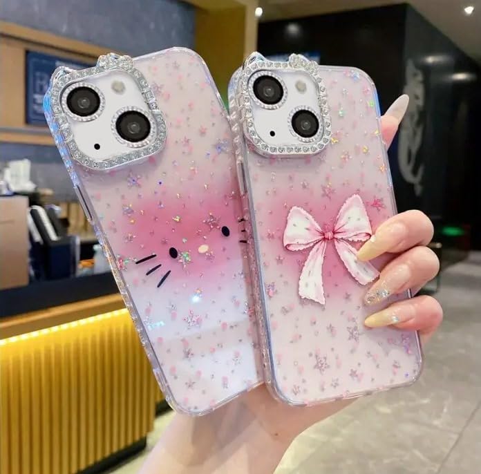 Image of Mobistyle Designed for iPhone 14 Plus, Sparkling Cat Eye Pattern Camera Protection Back Cover Case for Women, Girls for iPhone 14 Plus (Pink)