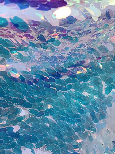 White-Blue Iridescent 18Mm Teardrop-Mermaid Sequins On A White Mesh-Sold By Yard #TOP2