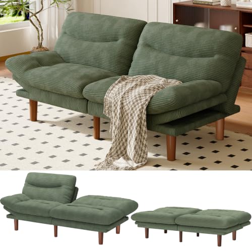 Image of Amada Convertible Futon Sofa Bed, Corduroy Folding Futon Set with Adjustable Backrest &Armrests, Recliner Lounge for Living Room, Apartment or Office, Solid Wood Frame, Loveseat Sofa -Green 75 Inch