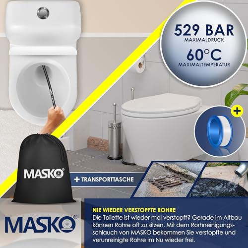 Foto von MASKO® Premium Rohrreinigungsschlauch Set Abflussreiniger 30m, 200 bar inkl. Isolierband, Tasche 3 Adapter 2 Düsen kompatibel mit Kärcher k2-k7 LAVOR Hochdruckreiniger Rohrreinigungsset + Handschuhe