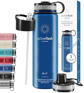 Stainless Steel Water Bottle + Straw (3 Lids) - Leak-Proof & BPA-free | Vacuum Insulated ACTIVE FLASK Drinking Bottles - 24h Cold / 12h Hot, 1l/500ml Outdoor Thermos Mug, Tea Coffee, Sport Camping Gym