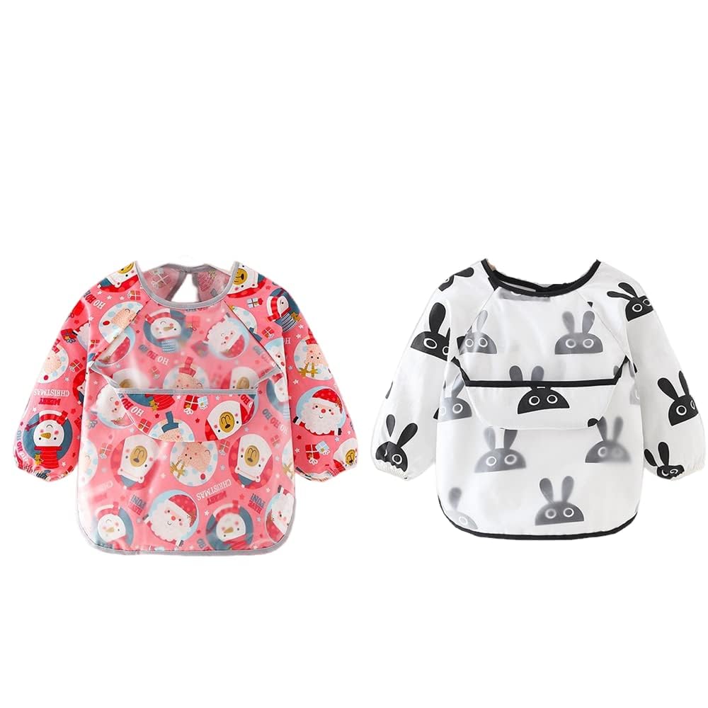Omeiu Set02 Store 2Pcs Baby Kid Waterproof Long Sleeve Bib Animals Dinosaurs Infant Toddler Weaning Feeding Bibs Apron 6 Months To 3 Years Old (Set02)