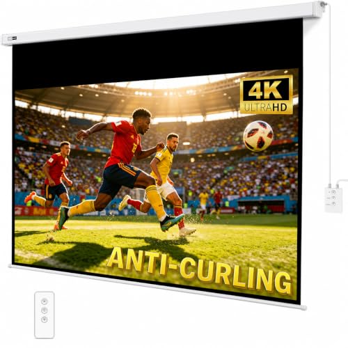 Anti-Curling Motorized Projector Screen for Non-UST by SilverMagic and Modern Design Indoor/Outdoor White Screen with White housing for Home Theater/Living Room/Patio/Office/Classroom 100 inch 16:9
