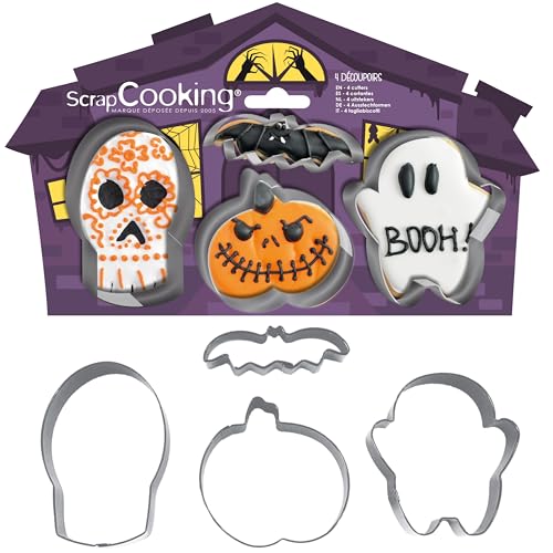 SCRAP COOKING - 4 Cortadores de Galletas Halloween - Cortadores de Acero Inoxidable Calabaza, Fantasma, Calavera, Murciélago - Moldes Galletas - Accesorios Pastelería Cake Design - 2083