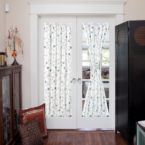 Image of VOGOL Rod Pocket Sliding Door Curtains, Flowers Embroidered Light Filtering Curtain Panels for Door Windows, 1 Piece, 36 x 72 Inches, Blue Floral
