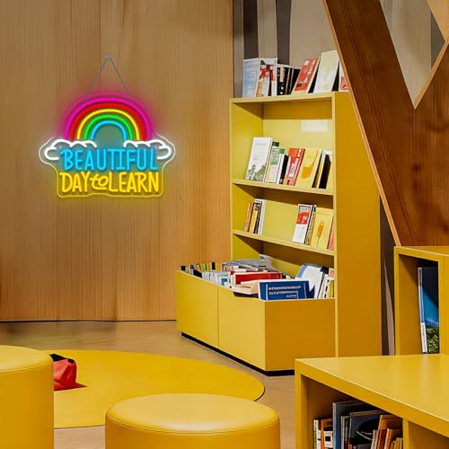 Image of Reading Neon Sign with Adjustable Brightness for Classroom Reading Wall Sign and LED Neon Light for Learner Study Corner Reading Nook and Bedroom Decor Beautiful Day to Learn Wall Decor