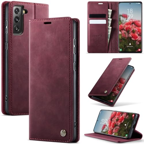 Cracedily Handyhülle für Samsung Galaxy S21 Plus Hülle Premium PU Leder Klappbar Stoßfeste Tasche Flip Case [RFID Blocker] Magnet Kartenfach Standfunktion Klapphülle Schutzhülle für S21 Plus Rot