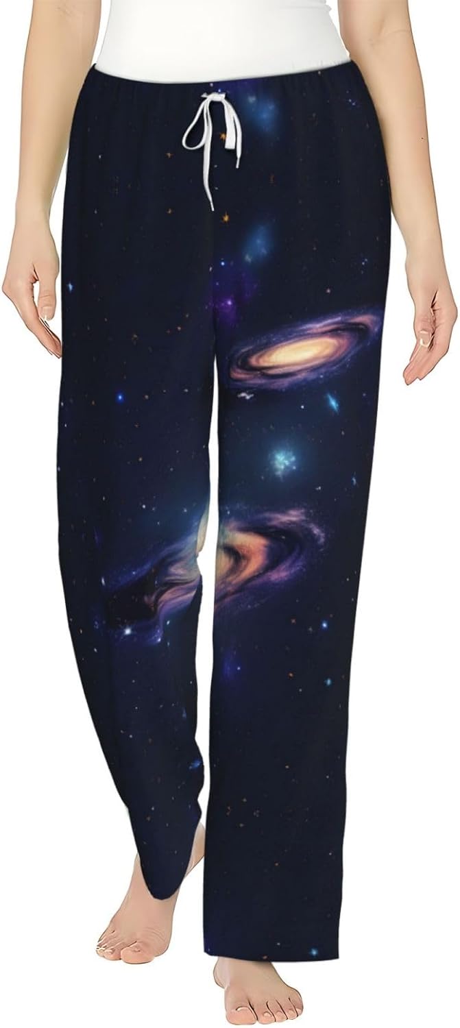 Galaxy In The Universe Print Cozy Flannel Pajama Pants For Women,Warm Christmas Pj Pants,Cute Fleece Pajamas