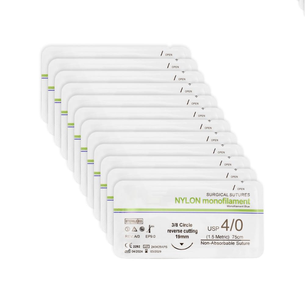 B-Arm Sterile Nylon Suture Thread With Needle (Pack of 12) |Non-Absorbable USP 4-0/1.5 Metric|EO Sterilized Suturing Thread |19mm Reverse Cutting Needle Included In Each Pack|Ideal Suture Thread For Practice
