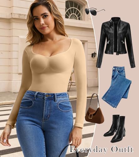 Women's Long Sleeve V-Neck Shapewear Tops, Tummy Control Compression Shirts - image 7