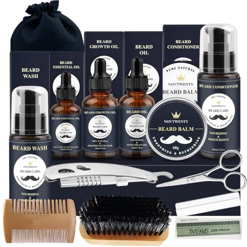 Felirzavy Beard Growth Kit Mens Beard Roller Grooming Set with Natural Beard Growth Oil Wash Care Conditioner Balm Comb Brush Scissor Shaver Blade Bag 12 PCS Beard Set Gift for Dad Husband