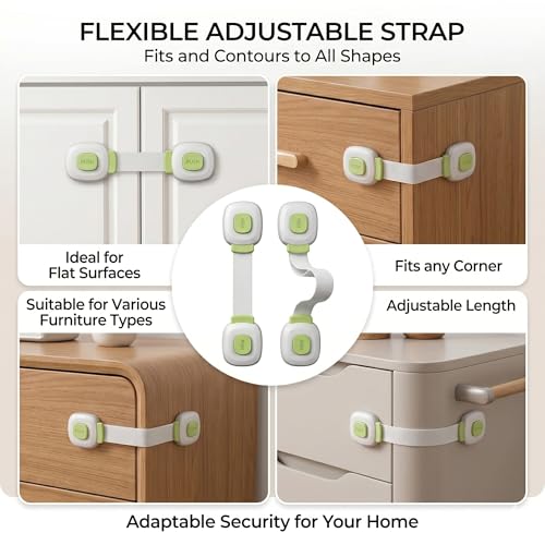 Image of Safe-O-Kid Push Key Multipurpose Child Safety Lock for Cabinets, Drawers, Fridge & Cupboards | Baby Safety Lock with Strong Adhesive | Prevents Finger Pinch Injuries | Pack of 8, (Green)