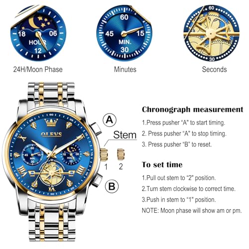 Image of OLEVS Men Watches Stainless Steel Chronograph Watch, Large Wrist Analog Quartz Watch, Fashion Waterproof Diamond Roman Numerals Dress Watches for Men, Gold /Black /White /Blue /Grey Dial