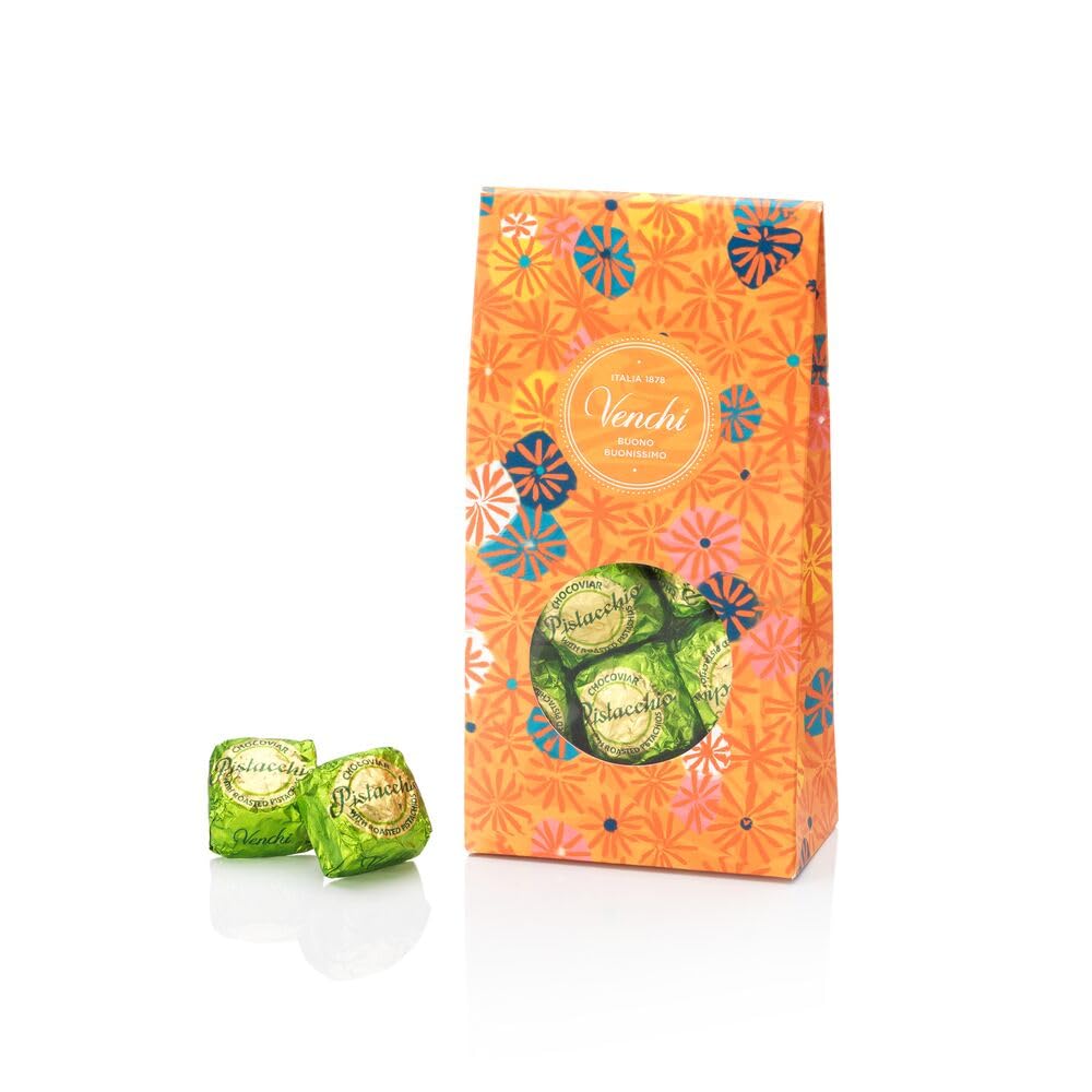 VenchiChocoviar Pistachio Chocolate 15-Piece Elegant Gift Box - Creamy Pistachio & Hazelnut Paste, Dark Chocolate Shell Topped With Toffee Grains & Cocoa-bean Nibs - Preservative & Gluten Free