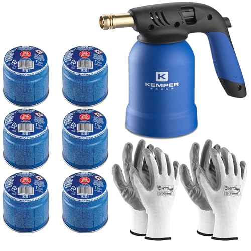 Lampe à souder Kemper + 6 bouteilles de gaz butane sûr + 2 gants offerts | Chalumeau professionnel pour le fait-de-thé, barbecue, désherbage, soudure...