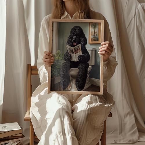 Image of Poodle Black on Toilet Wood Framed Wall Art Print Poster, Dog Bathroom Humor Decor Posters Prints for Restroom Home Picture Painting Artwork Gallery 7 (Poodle Black, 10 inchL x 8 inchW, Wood Frame)