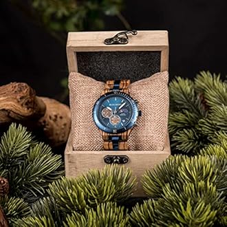 BOBO BIRD Men's Quartz Wooden Watch Stainless Steel Red Sandalwood Alloy Wooden Watch for Men Classic Function Wrist Watch Chronograph Luminous Hands Day and Night Date Display, blue, Classic