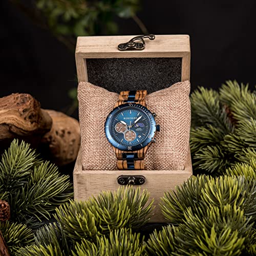 BOBO BIRD Mens Quartz Wooden Watches Stainless Steel Red Sandalwood Alloy Wood Watch for Male Classic Function Wristwatch Chronograph Luminous Hands Day and Night Date Display, Blue, bracelet