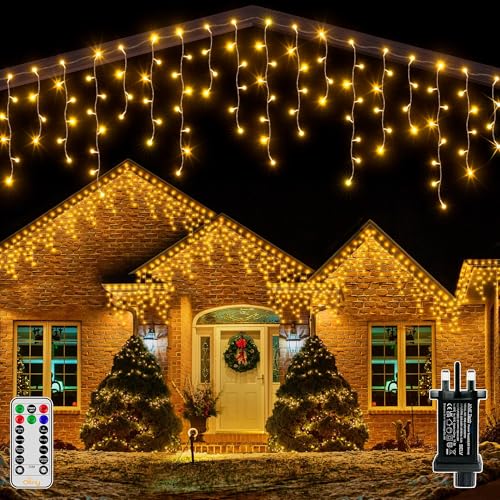 Ollny Icicle Outdoor Christmas Lights, 400 LED 10M Waterproof Hanging Fairy Light, Plug/Remote/8 Modes/Timer/Connectable Warm White String Light, Lighting Outside Gutter House Roof Xmas Decorations