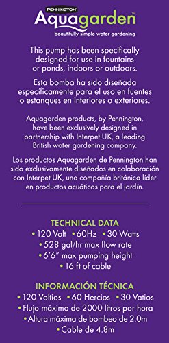 Pennington Aquagarden , Universal Fountain Pump , Suitable for Garden Fountains, Water Features, Aquaponics & Hydroponics , 300 - 500 Gallon, 6’6” Pumping Height - Thumbnail 5