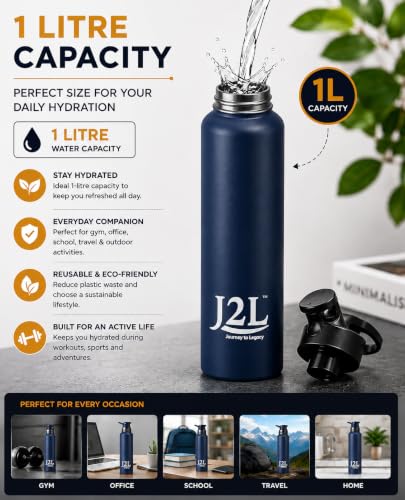 Image of J2L Stainless Steel Water Bottle 1 Litre | 1000 ML Steel Water Bottle | Leakproof Water Bottle for Adults, Office, School & Gym | Durable Reusable Water Bottle | Steel Water Bottle Navy Blue