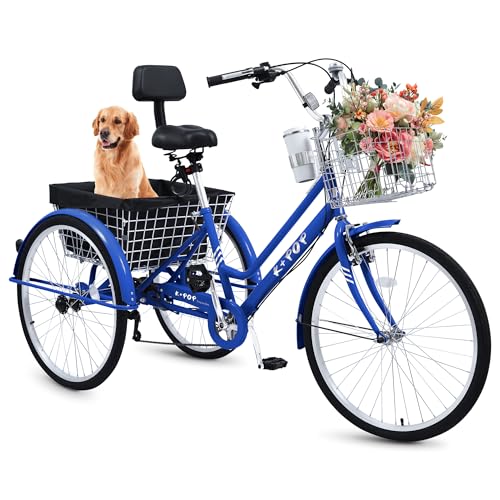 BGGFNZ 24/26 Inch Adult Tricycle, 3 Wheel Bikes for Adults, 7 Speed Beach Cruiser Bike Tricycle for Adults, Adult Tricycles for Women Men with Basket, Coffee Cup, Adjustable Seat