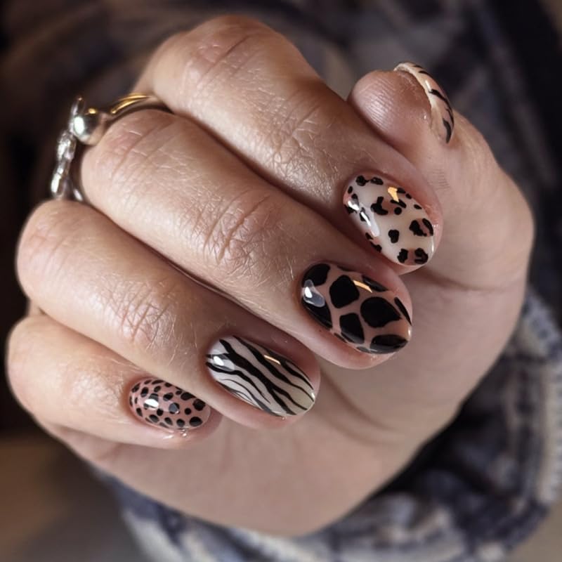 Edgy Black and Pink Press on Nails - Short Almond Shape Fake Acrylic Nails with Leopard Cow Pattern, Reusable Glue on Stick on Nails for Women Gift