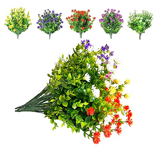 Amajoy 15 pacotes de flores artificiais ao ar livre, plástico sintético, vegetação resistente a UV, arbustos, plantas para ambientes internos, plantas penduradas, vasos de jardim, varanda, decoração