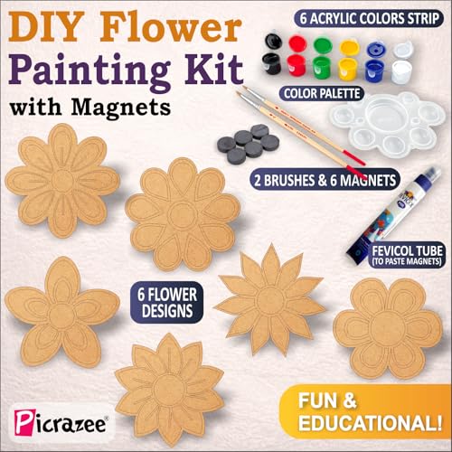 Image of PICRAZEE DIY Flower Painting Kit for Kids | 6 Pine MDF Flower Cutouts (5.5 mm Thick) with Acrylic Colors, Brushes, Palette & Magnets | Wooden Art & Craft Creative Activity Toy