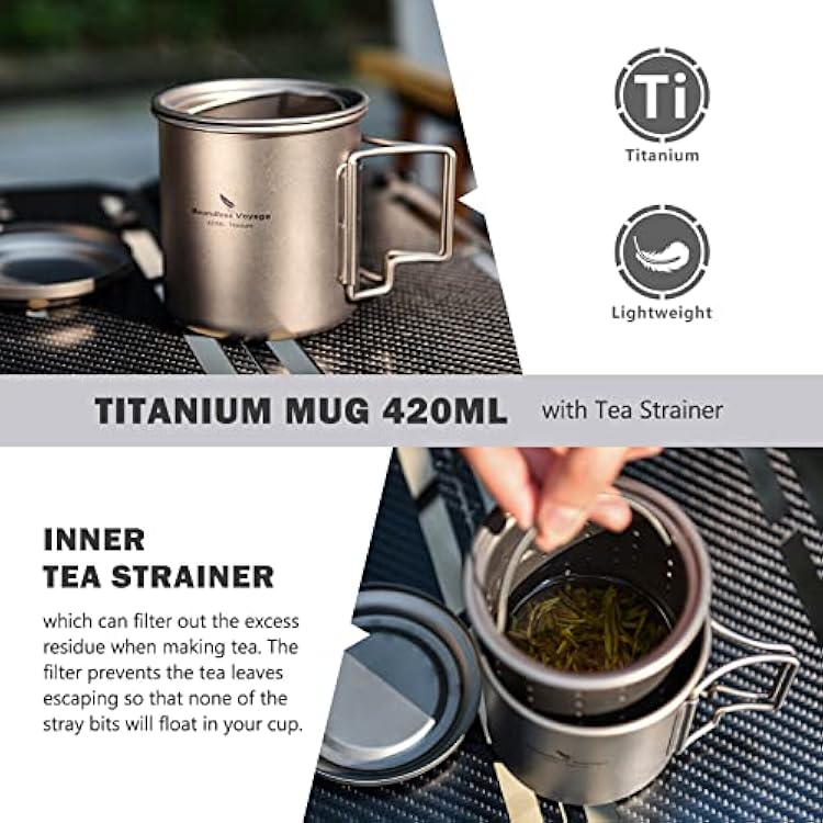 iBasingo 420ml/14.2floz Titanium Cup with Tea Strainer Folding Handle Portable Lightweight Tea Mug for Outdoor Camping Tea Maker Ti3054D