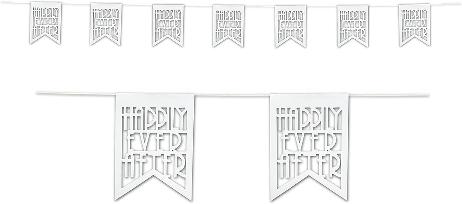 Beistle Die-Cut Happy Ever After Pennant Banner, 8.25" x 226", White, 1 Piece Pack