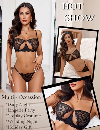 Image of Avidlove Lingerie for Women Sexy Lace Bra and Panty Set Underwire Push Up Lingerie Sets Demi Half Cup