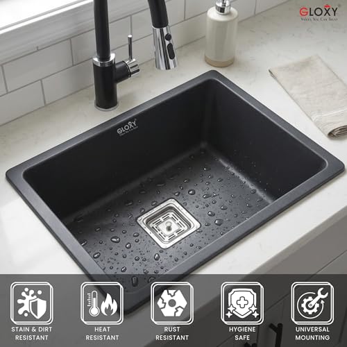 Image of Gloxy Premium Granite Quartz Kitchen Sink 16 inch x 18 inch x 9 inch - Black Matte Finish Quartz Sink with Coupling Pipe and Drain Basket - Single Bowl Sink Undermount /Topmount Installation - 3 Years Warranty