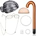 Old Lady Cosplay Set, Granny Wig, Inflatable Cane, Glasses Chain Cords, Faux Pearl Bead Necklace for Halloween Costume Cosplay