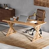 homary 59.1' Solid Wood Executive Desk, Rustic Farmhouse Home Office Desk with X-Trestle Base, Compact Writing & Computer Table for Home Office or Study Room
