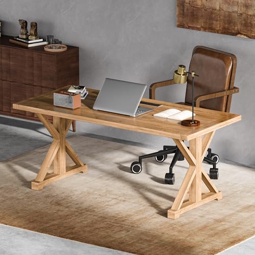 homary 59.1" Solid Wood Executive Desk, Rustic Farmhouse Home Office Desk with X-Trestle Base, Compact Writing & Computer Table for Home Office or Study Room
