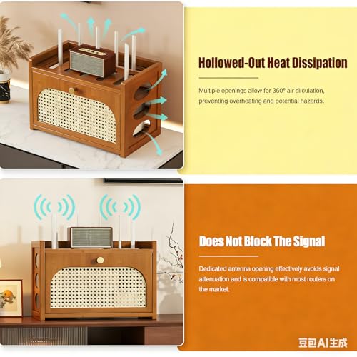 GRIPITHPY WiFi Router Hidden Box, Router Storage Cabinet Shelf Organizer for Modem, Cable Box, Accessories, with Cable Management, Hollow Decorative Hider for Power Strip(12x7.9x11in, Brown) - Thumbnail 7