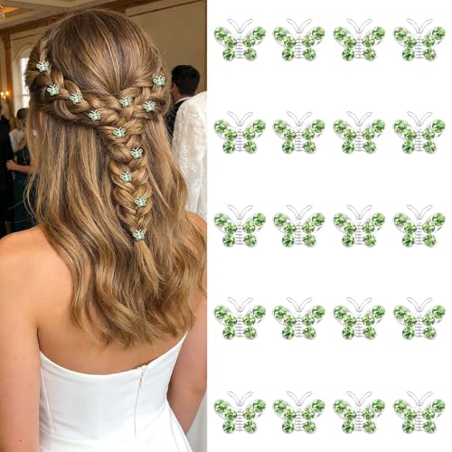 YISSION 20Pcs Mini Green Rhinestone Butterfly Hair Clips, Decorative Hair Pins for Women Bridal Wedding Prom Daily Hairstyle Accessories