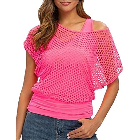 Smile Fish Women Hot Pink Sexy 80s Top Hot Pink Fishnet Off Shoulder T-Shirt,M Cover