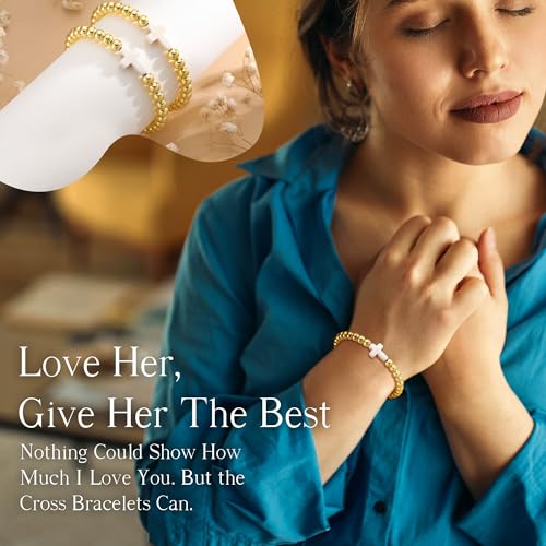 Image of Cross Bracelets for Women, Christian Gifts for Women Stocking Stuffers for Teens Cross Bracelet Imperial Nature Stone Bead Bracelet Confirmation Baptism Gift for Teen Girls Christmas Religious Gift Cathlic Faith Jewelry