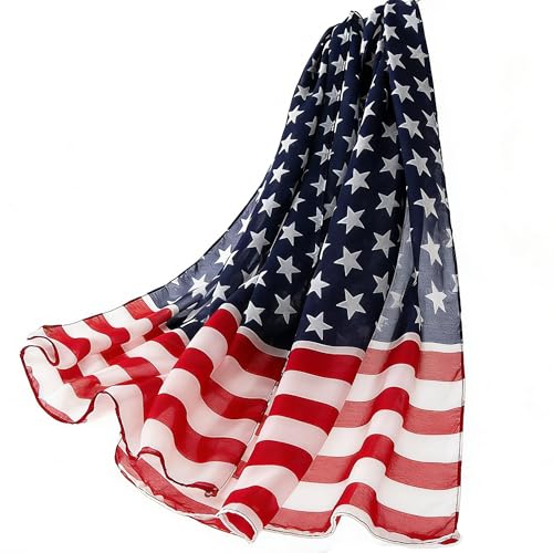 IZUS Womens Silky-Feeling Chiffon-Scarves Soft-Lightweight Neck-Head-Scarf USA-Flag Bandana-Shawl 28x61in