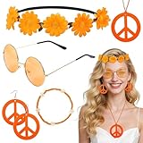 OIXYEY 1 Set Accesorios Vintage Para Disfraz Hippie, Accesorios De Disfraz Hippie, Con Diadema Pulseras Gafas Símbolo Paz Collar Pendientes, Para Mujer Hombre Años 60 70 Fiesta (Color Naranja)