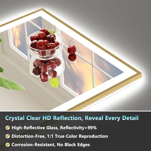 Image of 77x36 Gold LED Bathroom Mirror with Lights, Brushed Gold Framed Backlit and Front Lit Anti-Fog Lighted Vanity Mirrors for Bathroom Wall, Dimmable, 3 Colors, Memory, HD Tempered Glass, CRI 95