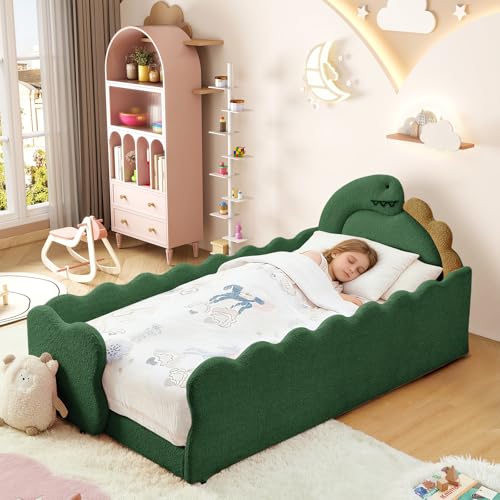 Image of Twin Size Kids Floor Bed Frame, Upholstered Montessori Platform Bed Cute Dinosaur-Shaped Daybed Frame for Girls Boys, No Box Spring Required, Green
