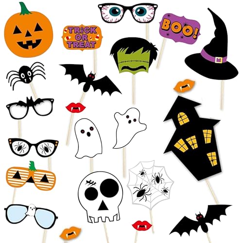 22PCS Halloween Photo Booth Props Spooky Party Photo Props for All Ages Ghost/Pumpkin/Bat/Witch Designs Easy DIY Assembly Sturdy Cardstock Party Decorations for Photo Booth & Selfies