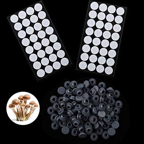Zonon 64 Pcs Synthetic Filter Paper Stickers 0. 3 Um Filter Disc Mushroom and 100 Pieces Pressure Resistance Vial Rubber Stopper Injection Ports for Mushroom Cultivation(7.6mm Diameter)