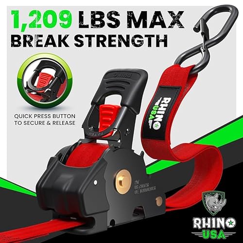 Image of Rhino USA Retractable Ratchet Straps (2-Pack) - 1 Inch x 10 Feet (1,209lb Break Strength) - Auto Self Retracting Tie Down Straps for Truck, Cargo Trailer, Motorcycle, ATV, UTV - Red