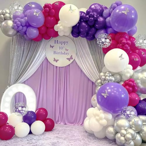 Image of MEBAY Hot Pink Purple Silver Baloon Garland Arch Kit, 146Pcs Latex Balloons Different Sizes 18 12 10 5 inch for Women Girls Birthday Baby Shower Wedding Party Decorations