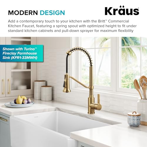 Image of KRAUS Britt Commercial Style 2-Function Single Handle Pull Down Kitchen Faucet in Spot-Free Brushed Brass, KPF-1693BB