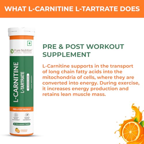 Image of Pure Nutrition L-Carnitine L-Tartrate 20 Effervescent Tablets (Orange Flavour) | Supplement for Pre & Post-Workout | Energy Recovery, Fat Burn & Lean Muscle Support | No Added Sugar